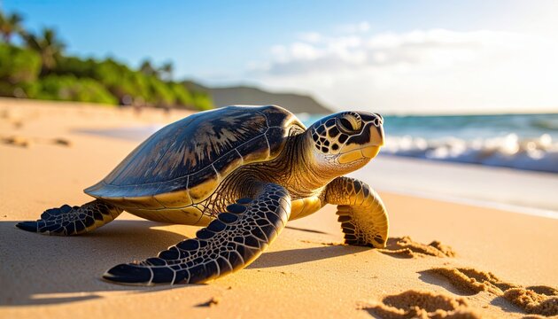 Green sea turtle crawling on sandy beach under bright sunlight with ocean waves in the background