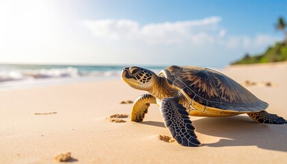 Obraz premium Sea turtle crawling on sandy beach near ocean, sunlight reflecting on water, with gentle waves in the background