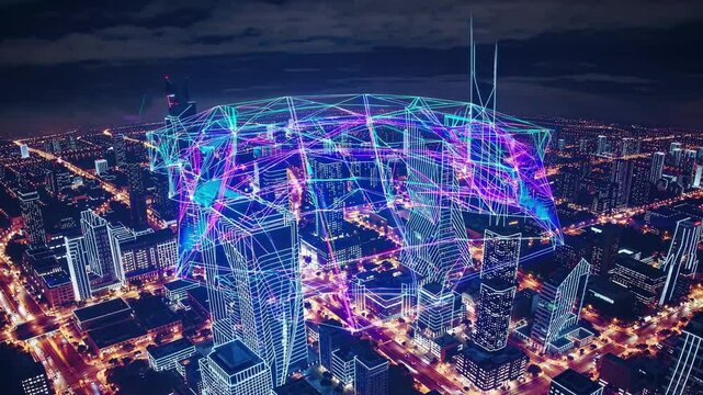 Digital network expanding across nighttime cityscape, revealing interconnected urban infrastructure with luminous geometric lines symbolizing technological progression - Powered by Adobe