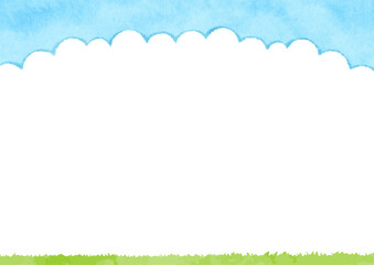 illustration of a simple watercolor blue sky and meadow landscape
