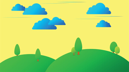 background landscape with clouds, green field, trees, and sky vector illustration