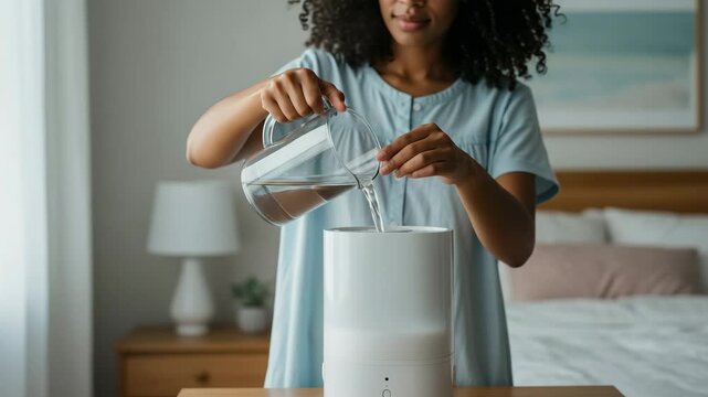 Woman pouring water into a diffuser in a cozy bedroom setting  