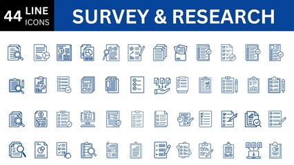 Survey And Research editable icon set. Editable stroke. Vector illustration.