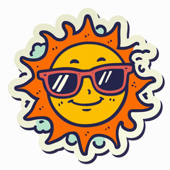 A cartoon sun wearing pink sunglasses and smiling, with cloud-like flares. Suitable for summer themes, weather forecasts, and fun designs.
