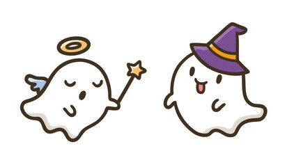 天使と魔女に仮装したかわいいハロウィンのゴーストキャラクター
