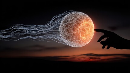 Abstract depiction of connection and energy with a digital touch and sunset backdrop