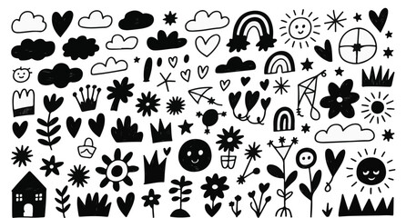 Kid crayon chalk line cloud, flower children sticker set. Hand drawn crayon doodle sketch childish cute element set. Chalk star, heart, flower color cute element background. Vector illustration