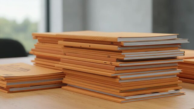Stacked orange folders on wooden table in modern office environment  
