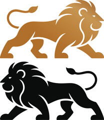 Majestic black lion silhouette logo in a powerful walking pose, symbolizing strength, leadership, and nobility