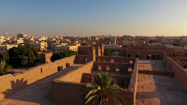 Sunlight glowing over nizwa fort, revealing ornate omani architecture nestled amid urban landscape during sunset's golden warmth