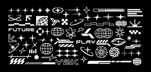 Futuristic Y2K vector shape set with abstract icons, globes, sparkle stars, grids, and tech-inspired elements. Perfect for digital design, posters, and streetwear graphics.
