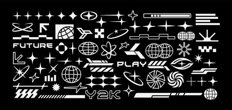 Futuristic Y2K vector shape set with abstract icons, globes, sparkle stars, grids, and tech-inspired elements. Perfect for digital design, posters, and streetwear graphics.