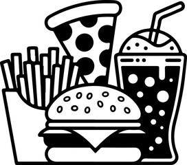 It shows a burger, soda, fries, and pizza, all in black and white.