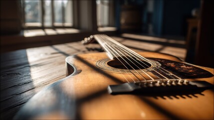 Fototapeta premium Warm brown wooden acoustic guitar with glossy finish lying on dark-toned wooden floor, strings prominently visible from bridge to headstock. Soft natural light streams through window, casting long sha