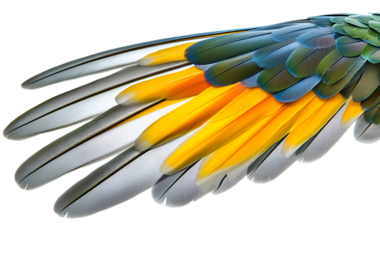 Detailed close-up of a macaw s colorful wing feathers against a transparent background