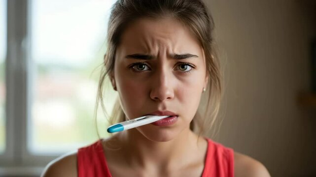 Young woman looking worried while holding thermometer in room  