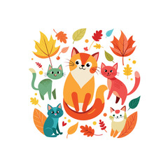 Playful Colorful cats with autumn leaves 