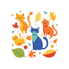 Playful Colorful cats with autumn leaves 