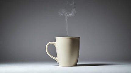 A steaming mug on a white surface against a gray background with rising steam and a simple handle