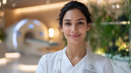 Professional female physician standing near MRI machine, wearing white coat and stethoscope, smiling confidently in contemporary medical facility