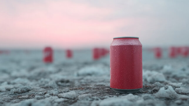 Red soda can on icy tundra, contemplating solstice celebrations and ancient frost fairs under a cotton candy sky