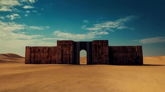 Desert Gateway: An imposing wooden structure reminiscent of an ancient gateway stands in the vast expanse of a desert landscape under a dramatic sky.