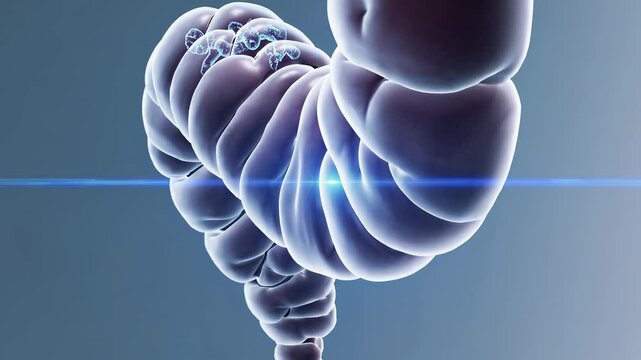 Scientific animation showcasing human digestive system, highlighting organs like stomach, intestines, and their interconnectedness within body