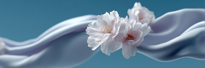 Ethereal cherry blossoms dance on silken waves, evoking Hanami's ephemeral beauty and Zen introspection under azure skies