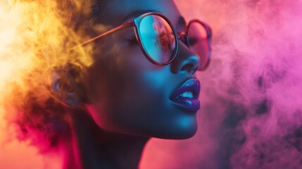 Colorful artistic portrait of woman with sunglasses and smoke clouds in neon light background