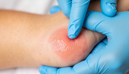 Medical professional examining skin condition on patient's elbow  