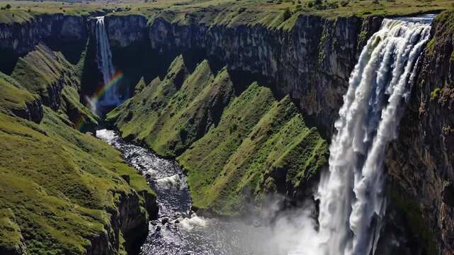 Salto grande waterfall plunging down rugged cliff, generating powerful mist with vibrant rainbow spanning turbulent waters and lush surrounding landscape
