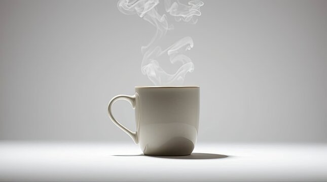 A white ceramic mug with steam rising against a soft gray background in a studio setting