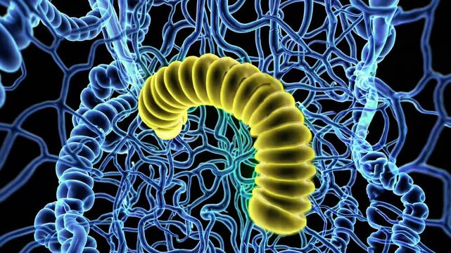 Protein folding mechanism visualizing transformation from unstructured configuration to precise three dimensional arrangement, determining molecular functionality in cellular context