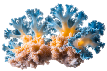 Soft coral with blue and orange polyps underwater on transparent background