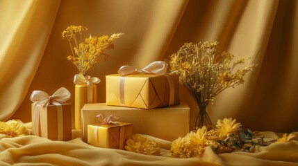 Luxurious golden gift boxes with dried flowers on yellow fabric background and soft lighting