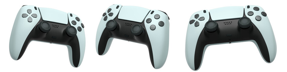 Collection of gaming controllers with different colors and designs for gaming enthusiasts isolated on white background with clipping path