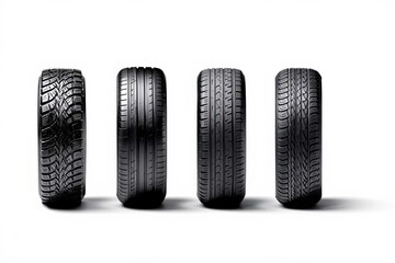 Different types of car tires arranged side by side showcasing unique tread designs and profiles for various road conditions