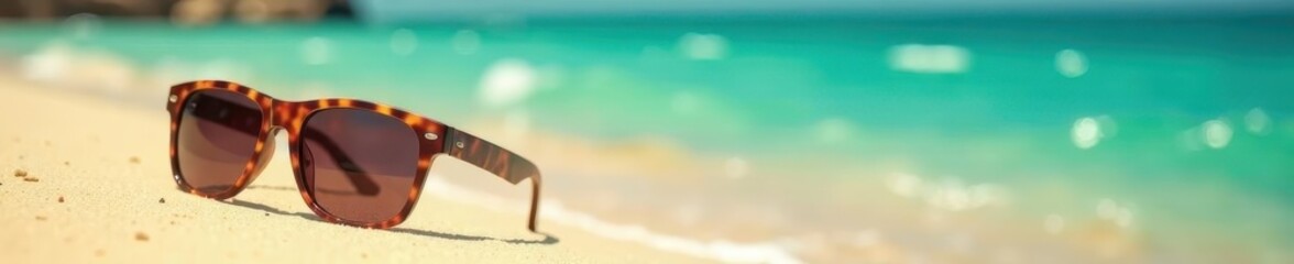 Golden sand, turquoise water; stylish sunglasses resting , ocean, beach