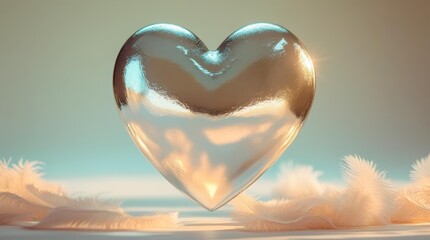 Fototapeta premium Silver heart on a cream background with soft shadows and warm glow. Elegant minimalist composition with a vintage feel. Romance and visual depth.