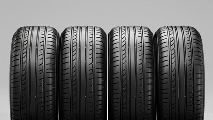 High-performance tires arranged for display in a neat, orderly fashion showing tread patterns and rubber quality