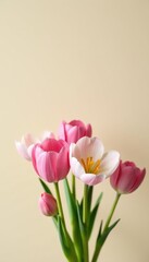 Delicate spring flowers in creative, minimalist bouquet, soft cream backdrop , nature photography, blossom