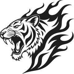 Tiger Head with Flames in Powerful Silhouette