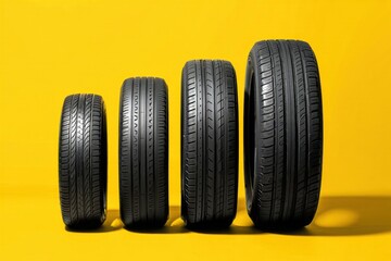 Different sizes of car tires displayed against a bright yellow background in a creative arrangement