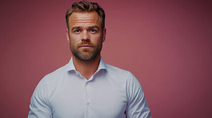 Obraz premium Suave gentleman poised against a rosy dawn, embodying Nordic poise, ideal for Midsummer Night's introspection or Hygge celebrations