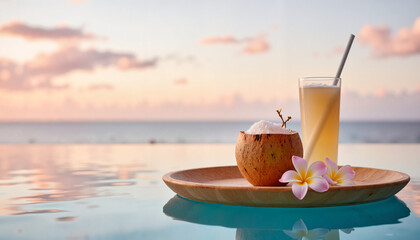 Refreshing tropical drinks served on wooden tray by the pool  