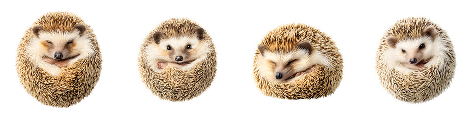 Obraz premium Playful hedgehogs in adorable, curled poses with soft, textured fur, showcasing their charming expressions and nature-inspired beauty, perfect for pet enthusiasts and wildlife photography.