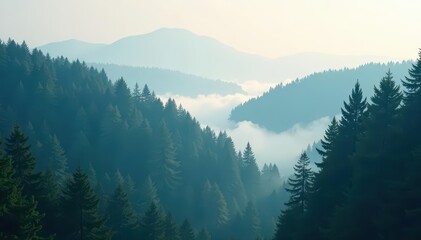 Thick mist clings to towering evergreens, creating an ethereal scene , primeval, scenic