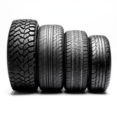 Obraz premium Tires of various tread patterns displayed side by side for comparison in a well-lit setting