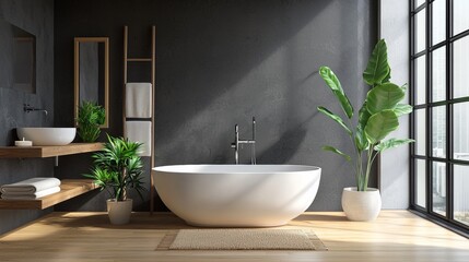 Fototapeta premium Contemporary bathroom with white bathtub and green plants in luxury clean interior space light scene