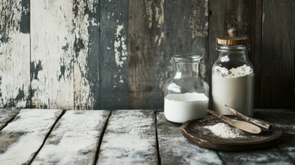 Rustic dairy bottles with milk on wooden table and rough textures in farmhouse kitchen scene